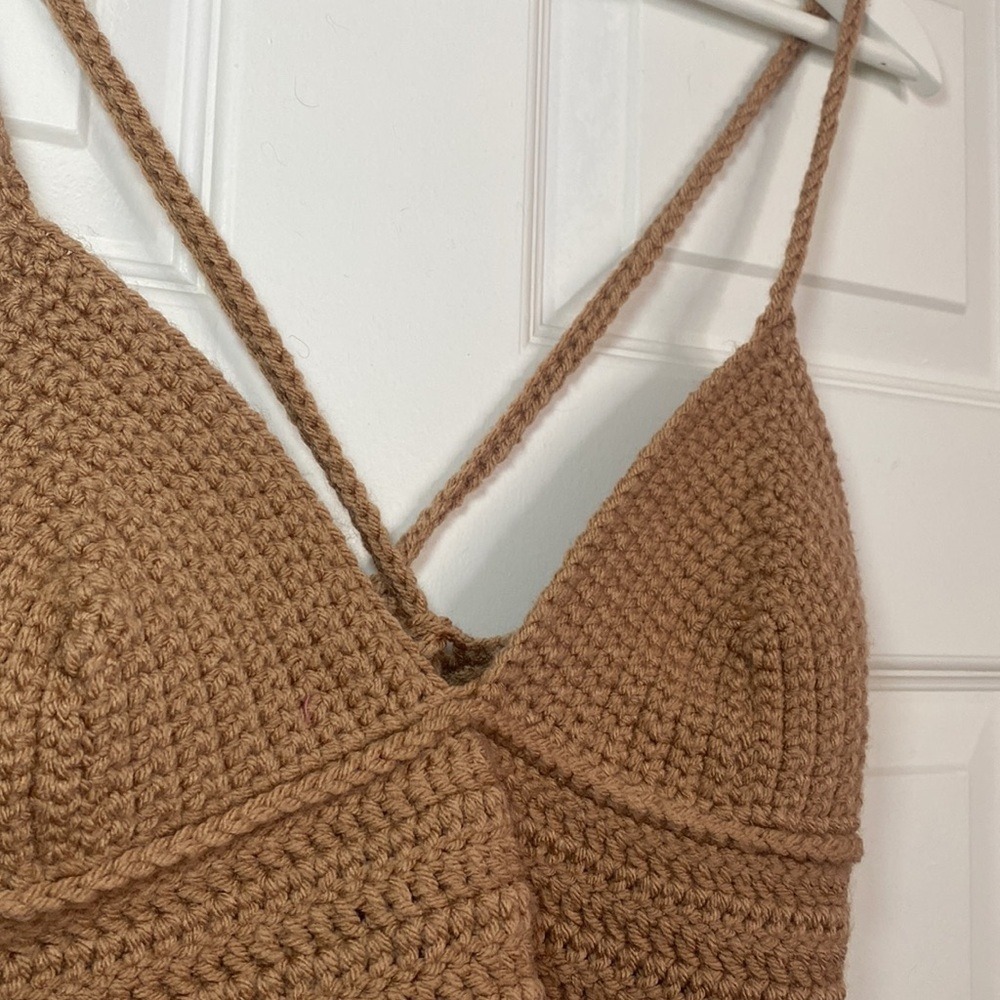 Handmade Crochet Knit Top Small Tan Brown Pink Lace Up Back Festival Boho - Picture 2 of 5